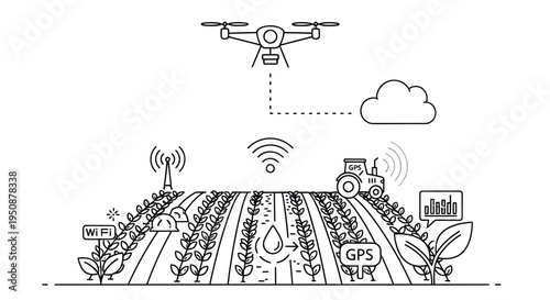 Agricultural technology illustration featuring a drone tractor and data collection