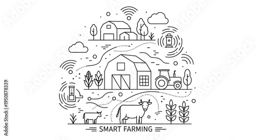 Modern smart farming illustration featuring livestock crops and technology in linear design