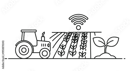 Smart farming illustration depicting a tractor crops and wireless technology