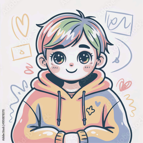 Cute pastel cartoon child portrait in a hoodie with sparkling eyes rosy cheeks and colorful sketch accents in a soft kawaii style for avatars stickers nursery decor posters and youth branding