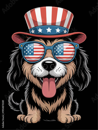 Happy patriotic dog wearing stars and stripes top hat and american flag sunglasses on a black background in a detailed cartoon style for fourth of july shirts stickers posters decals and prints