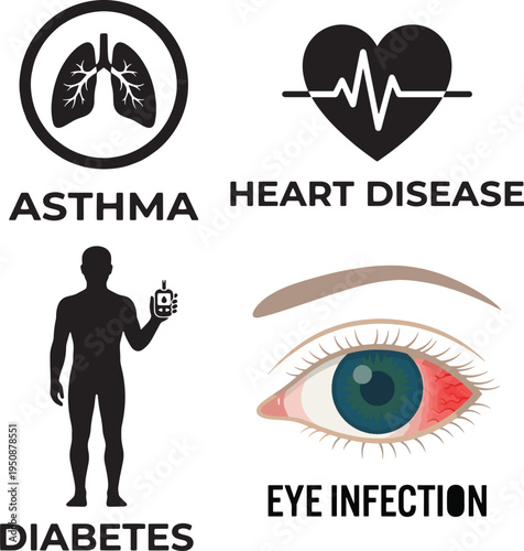 different type of diseases silhouette on white background