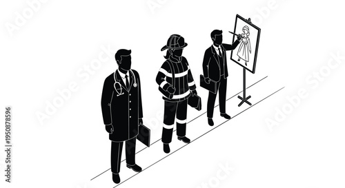 Set of 3 professional people icons vector, business, firefighter, presentation