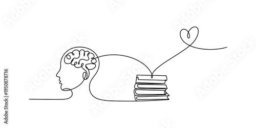 Continuous line drawing of a human head with brain connected to books and a heart symbol