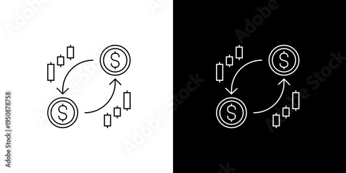 Modern financial transaction icon featuring dollar signs and arrows, symbolizing money circulation, economic exchange, and digital currency flow in business operations