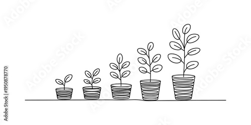 A sequence of five hand drawn potted plants showing different stages of growth and development