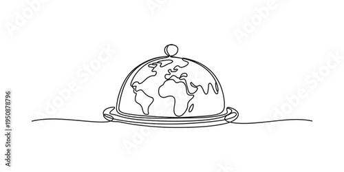 Continuous line drawing of a globe map inside a restaurant food cloche on a serving tray