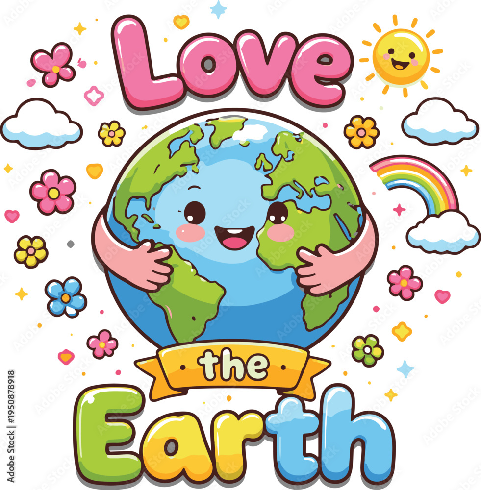 Fototapeta premium Cute Kawaii Planet Earth Character Hugging Itself Illustration, Love the Earth Poster Design with Flowers, Sun, and Rainbow for Earth Day and Environmental Awareness
