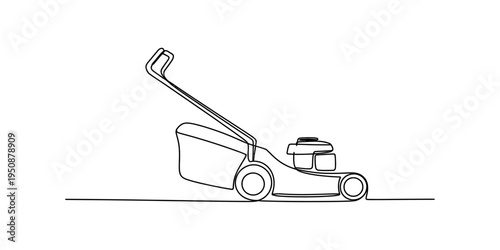 Minimalist continuous line drawing of a lawn mower for gardening and yard maintenance