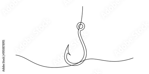Continuous line drawing of a minimalist fishing hook hanging on a thin line over water.