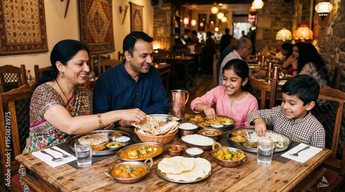 Family enjoying traditional indian cuisine at a restaurant celebrating togetherness in a cozy atmosphere