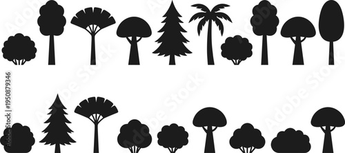 Collection of tree and plant silhouettes, vector illustration of coniferous, palm, fan, mushroom, bush trees with varied foliage, flat vector illustration