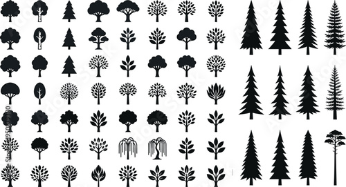 Collection of tree silhouettes, vector illustration of coniferous, palm, deciduous, broadleaf trees with varied foliage and canopy styles, flat vector illustration