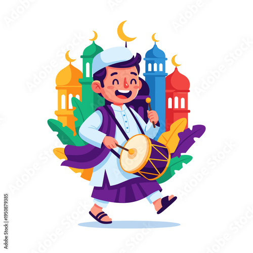 Muslim Boy Playing Bedug Drum Celebrating Eid Mubarak and Ramadan Cartoon Illustration Vector