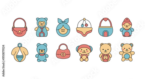 A colorful illustration of various baby items and teddy bears arranged in rows on a white background