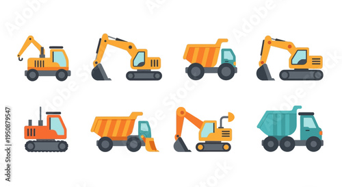 Heavy machinery vehicles are parked on a flat surface in a construction site.