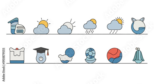 Weather forecast icons display various conditions and educational symbols