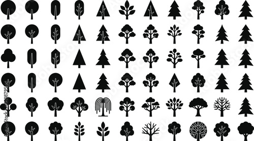 Tree and plant silhouette vector illustration, tropical broadleaf conifer icons, forest nature artwork, botanical outdoor design, landscape foliage scene - flat vector illustration