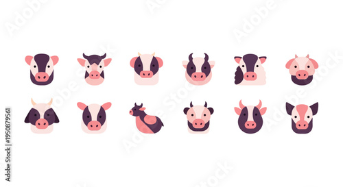A collection of various cow faces are shown in different expressions and angles.