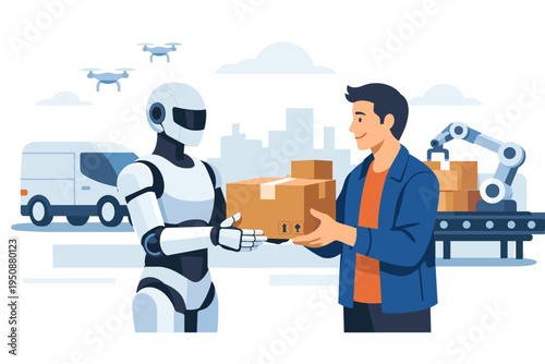 Future of logistics with a humanoid robot delivering a parcel to a customer, featuring automated warehouse technology like drones, robotic arms, and electric vans for efficient shipping.