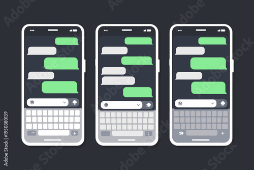 Vector illustration of three smartphone screens displaying a messaging app user interface with green and white chat bubbles, a digital keyboard, and status icons on a dark textured background.