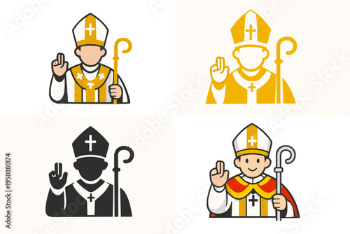 Catholic Pope and Bishop Icon Set in Four Styles. Flat Vector Illustration of Religious Leader with Mitre Hat, Crosier Staff, and Blessing Hand Gesture. Silhouette, Outline, and Cartoon Elements.