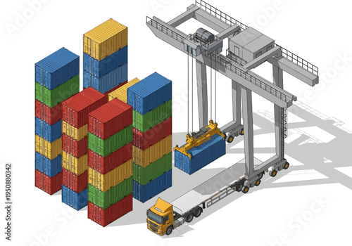 Container crane loading shipping containers onto a truck at a logistics port, illustration