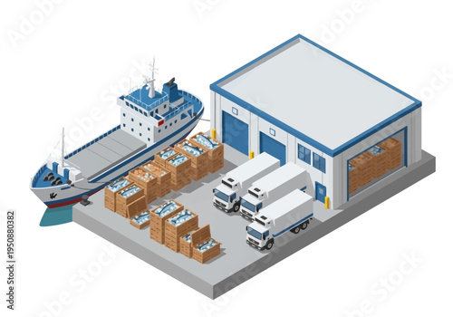 Logistics and supply chain management with cargo ships and trucks at a warehouse dock