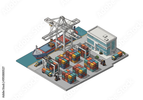 Isometric logistics and shipping port with cranes cargo ships and containers