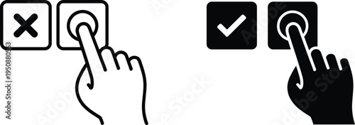 Hand pressing touchscreen buttons icon set, confirm checkmark and cancel cross symbols, mobile tap gesture interface vector illustration