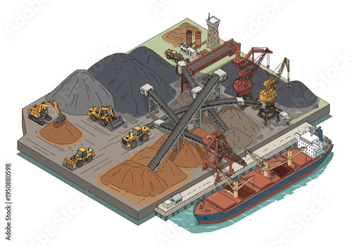 Industrial port scene with bulk cargo, excavators, cranes, and a ship, illustrating heavy industry and logistics operations