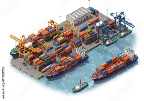 Aerial view of a bustling international shipping port filled with cargo ships and cranes