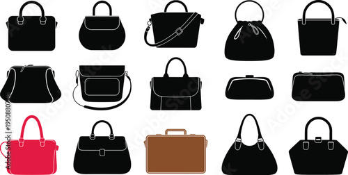 Handbag silhouettes vector set, women fashion purses tote shoulder bags clutch briefcase collection accessory icons illustration