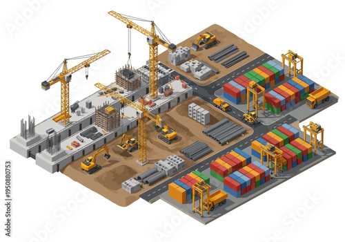 Construction site with cranes, containers, and heavy machinery, illustrating industrial and logistics operations