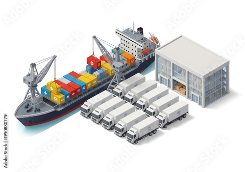Isometric illustration depicting a cargo ship loaded with containers, alongside a warehouse and a fleet of trucks, representing logistics and transportation