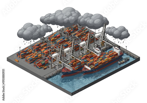 Isometric illustration of a busy shipping port with containers, cranes, and a ship under a cloudy, rainy sky