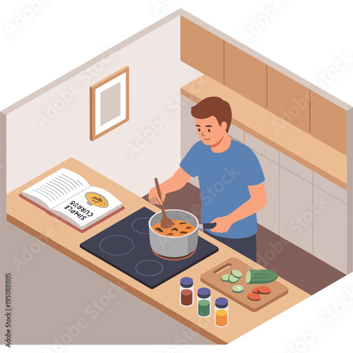 Man cooking food in kitchen with pot and ingredients on counter