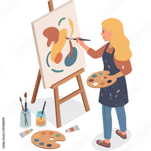 Woman creates artwork on canvas with paintbrush and palette indoors