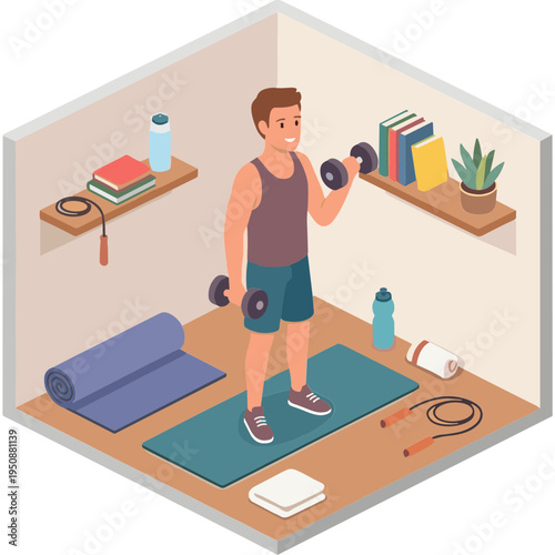Man exercises with dumbbells in a home gym interior scene