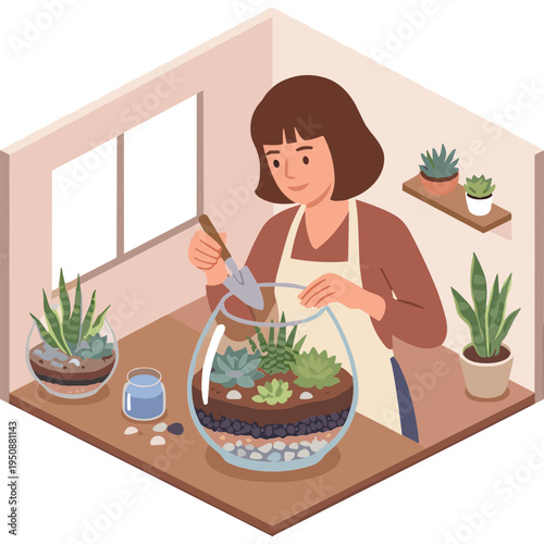 Woman creating a succulent terrarium in her home workspace with plants and tools