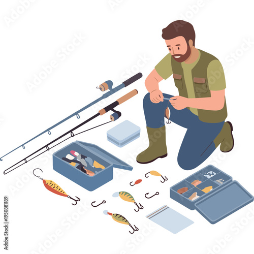 Man sitting outdoors preparing fishing rods with tackle boxes nearby