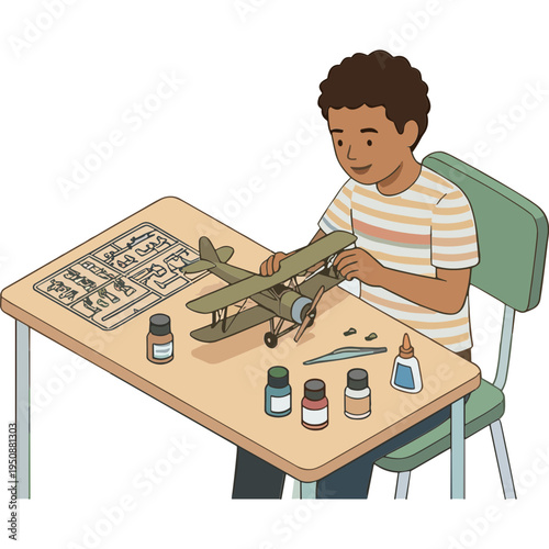 A boy sitting at a desk assembles a model airplane with tools and paints.