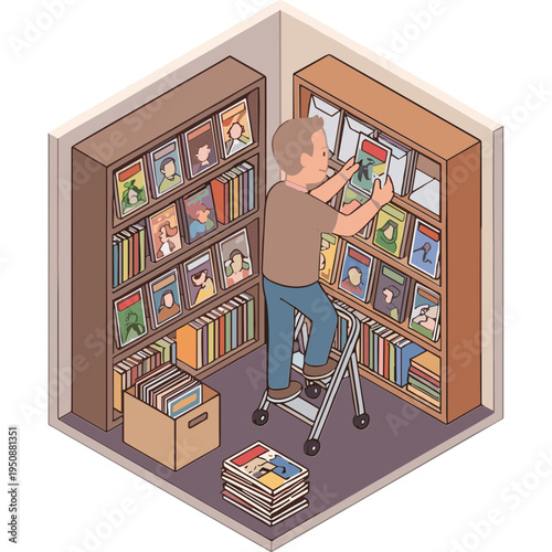 Man arranging books on shelves in a library with a ladder and boxes