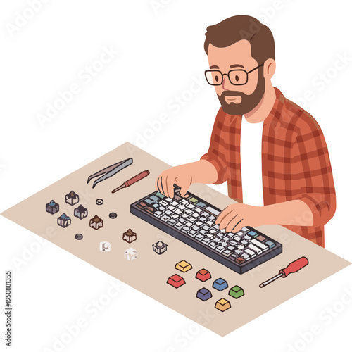 Man assembling keyboard with tools on table in workshop environment