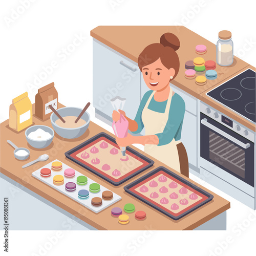 Woman decorates colorful cupcakes on baking sheets in a kitchen