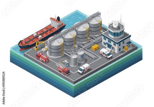 Industrial port complex with bulk cargo ship, fire trucks, and emergency vehicles illustration