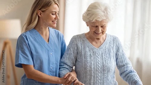 Caring caregiver assists elderly woman with walking and support