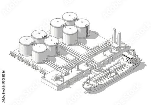 Industrial port facility with oil storage tanks and a tanker ship docked for loading and unloading operations
