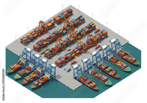 Isometric view of a busy shipping port with cargo ships and cranes loading containers