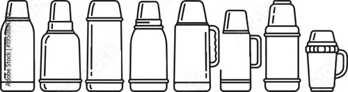 A variety of thermos designs showcasing different shapes and sizes for various uses. Vector